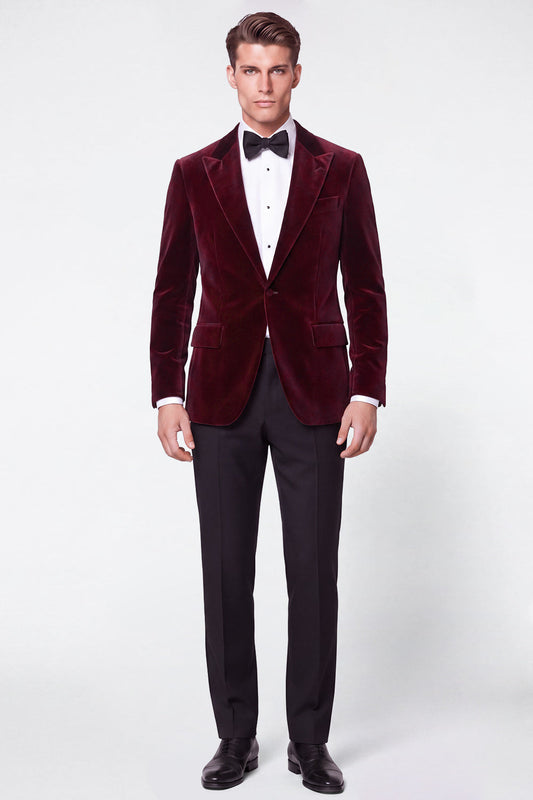 Costume de bal bordeaux 2 pièces en velours pour homme, simple boutonnage, revers cranté