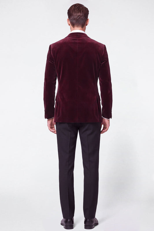 Costume de bal bordeaux 2 pièces en velours pour homme, simple boutonnage, revers cranté