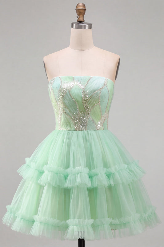 Robe courte de bal en tulle à volants étagés vert menthe, sans bretelles et à paillettes