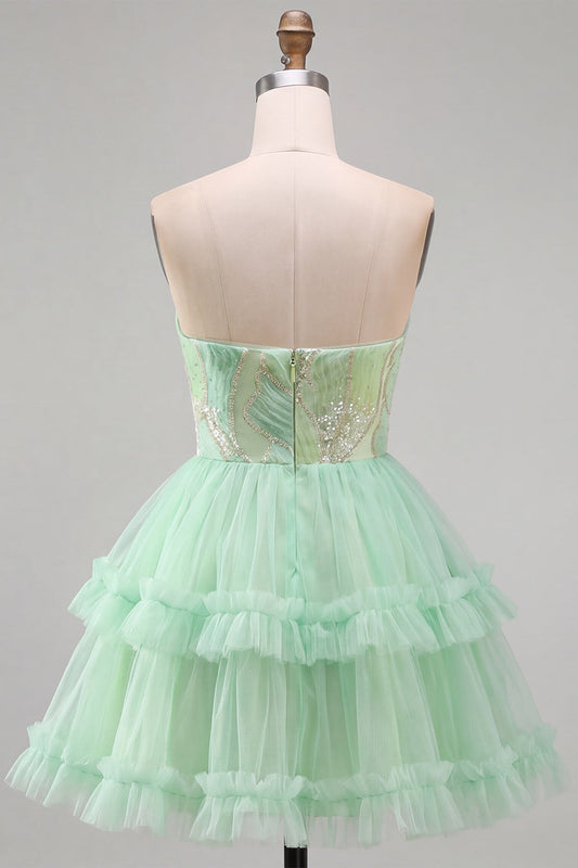 Robe courte de bal en tulle à volants étagés vert menthe, sans bretelles et à paillettes