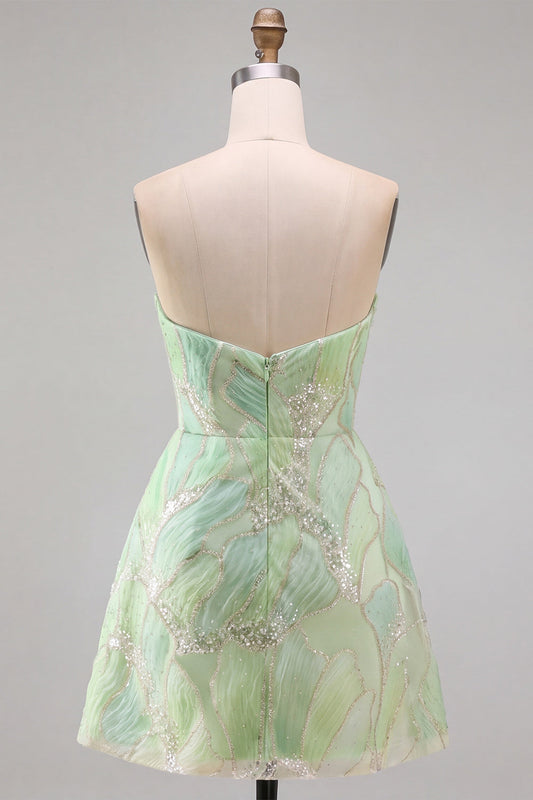 Robe de bal courte trapèze bustier à sequins vert menthe