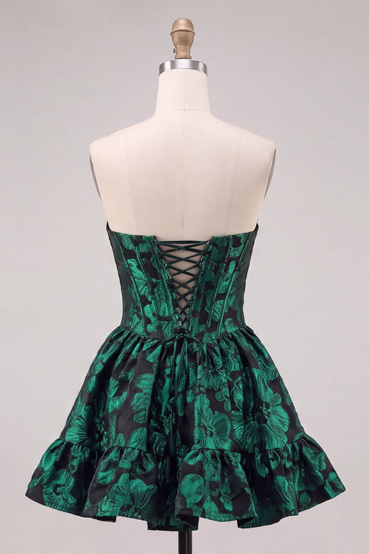 Dark Green Corset Strapless A-Line Floral Embroidery Short Homecoming Dress