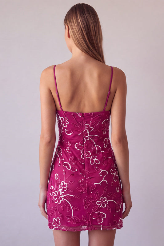 Robe Courte de Demoiselle d'Honneur Bodycon Florale Perlé avec Bretelles Fines Fuchsia