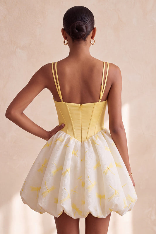 Robe de bal courte jaune évasée avec corset, décolleté cœur, ourlet bulle et strass