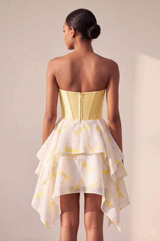 Robe de soirée jaune en ligne A, corset cœur, imprimée, coupe asymétrique, avec strass
