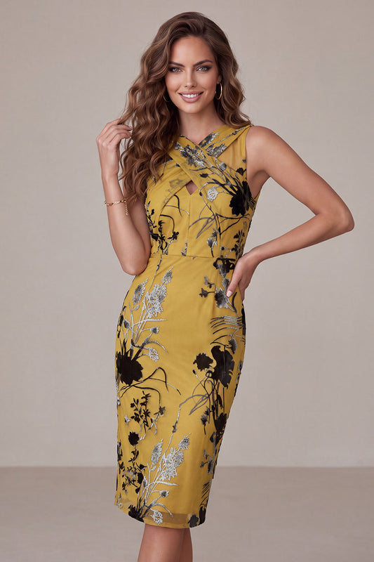 Robe Midi Fleurie Jaune Gingembre Moulante Découpe Guest Mariage