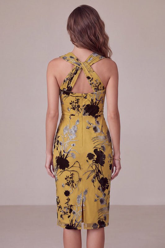 Robe Midi Fleurie Jaune Gingembre Moulante Découpe Guest Mariage