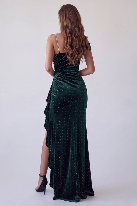 Robe de soirée longue sirène vert foncé asymétrique perlée drapée avec strass
