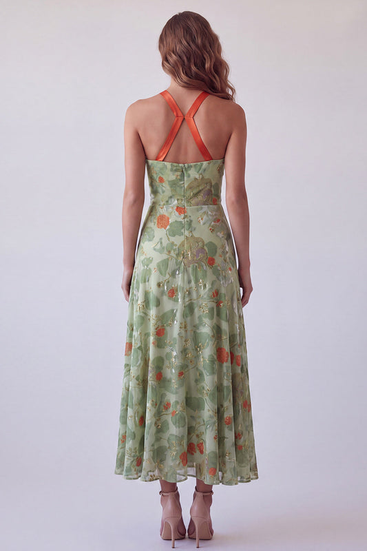 Robe longue de cérémonie évasée à licou Dusty Sage avec nœud et motif floral