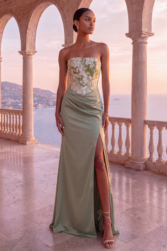 Robe longue de soirée bustier verte sauge florale avec corset, fronces, fourreau et fente
