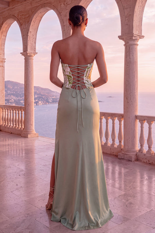 Robe longue de soirée bustier verte sauge florale avec corset, fronces, fourreau et fente