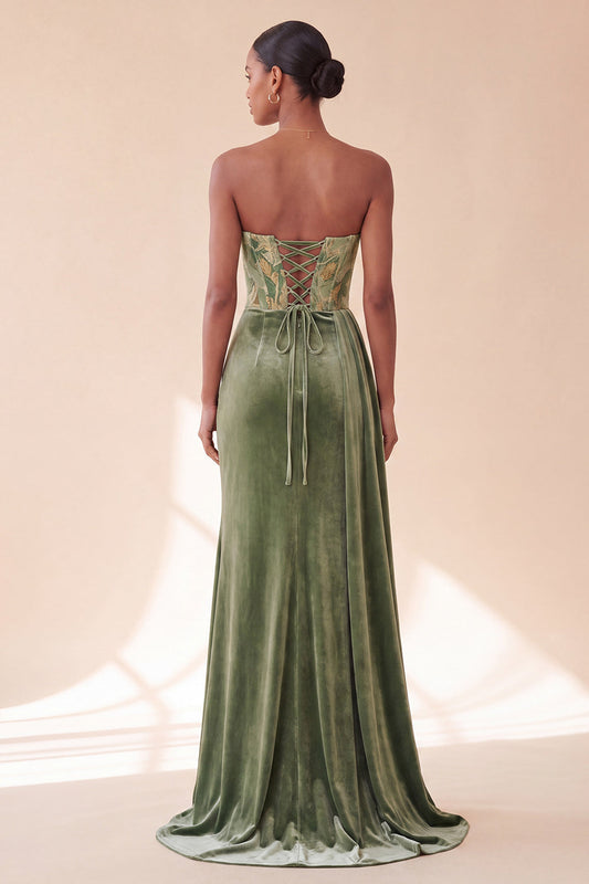 Green Corset Sheath Strapless Velvet Ruched Long Formal Dress with Side Streamer