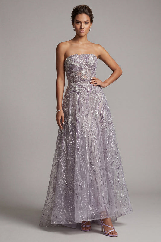 Robe longue de mère de la mariée lilas bustier à sequins coupe évasée