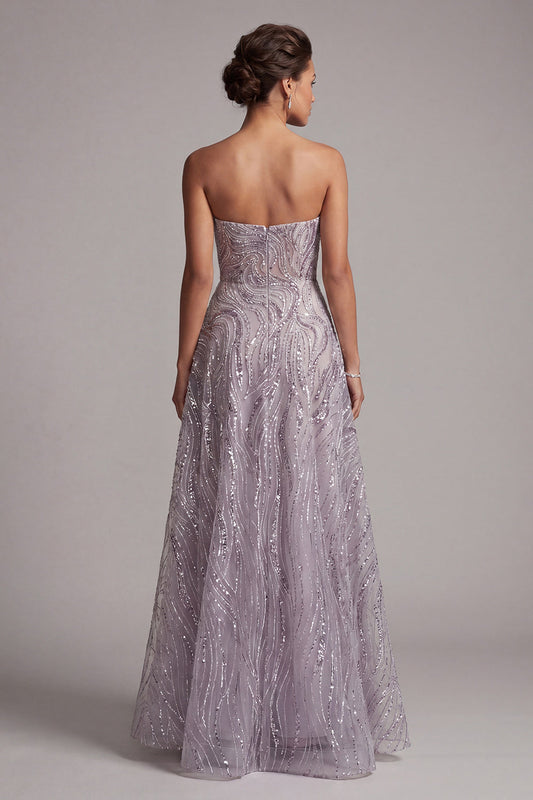 Robe longue de mère de la mariée lilas bustier à sequins coupe évasée