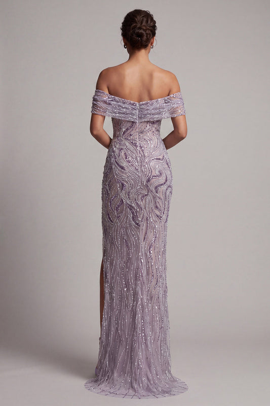 Lilac Sheath Off-the-Shoulder Sequins Side Slit Maxi Mother of the Bride Dress