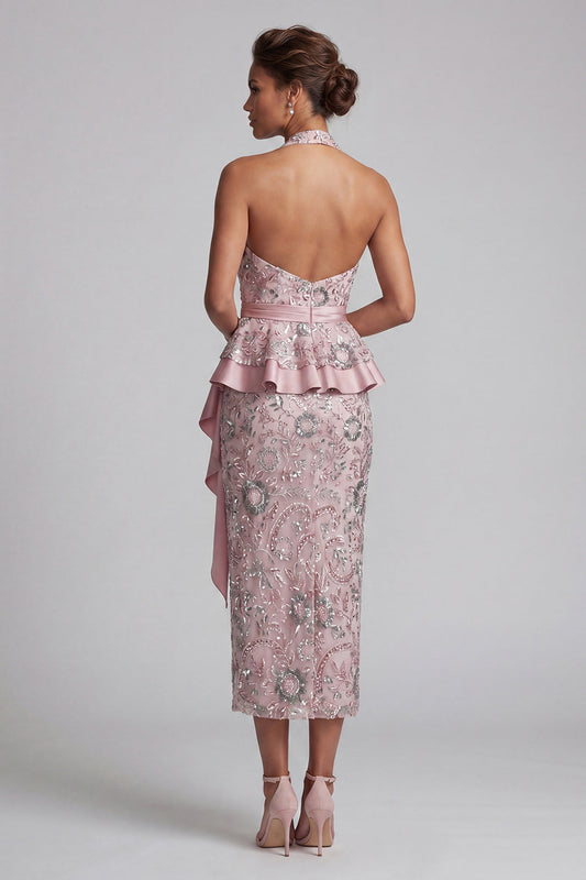 Light Pink Sheath Halter Draping Midi Mother of the Bride Dress with Beading