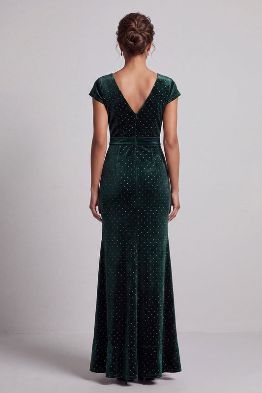 Robe de mariée asymétrique sirène vert foncé à manches courtes ornée de perles avec fente à volants