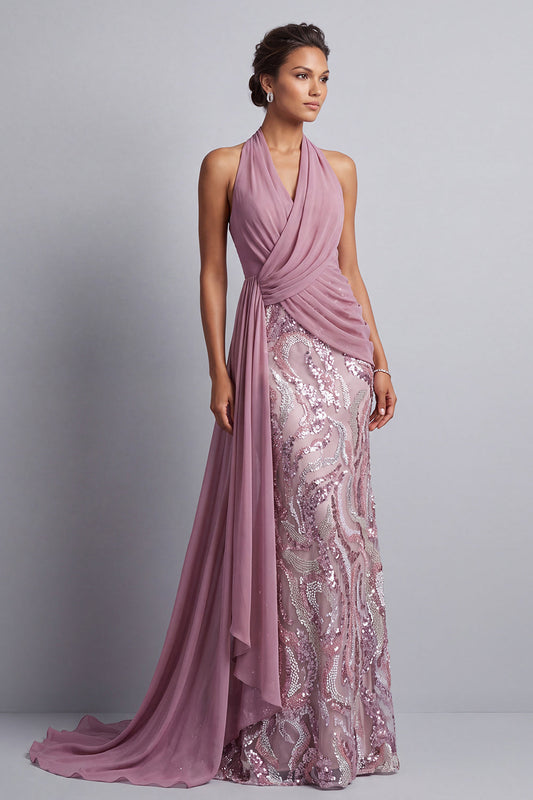 Robe de mère de la mariée Wisteria en mousseline avec sequins, col halter, ruché, sirène, traîne et drapé