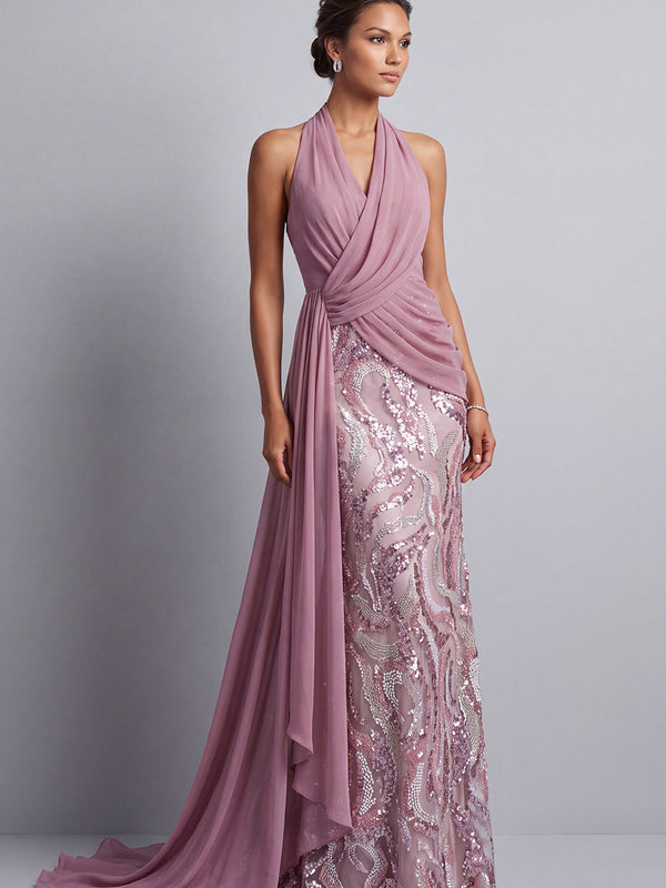 Robe de mère de la mariée Wisteria en mousseline avec sequins, col halter, ruché, sirène, traîne et drapé