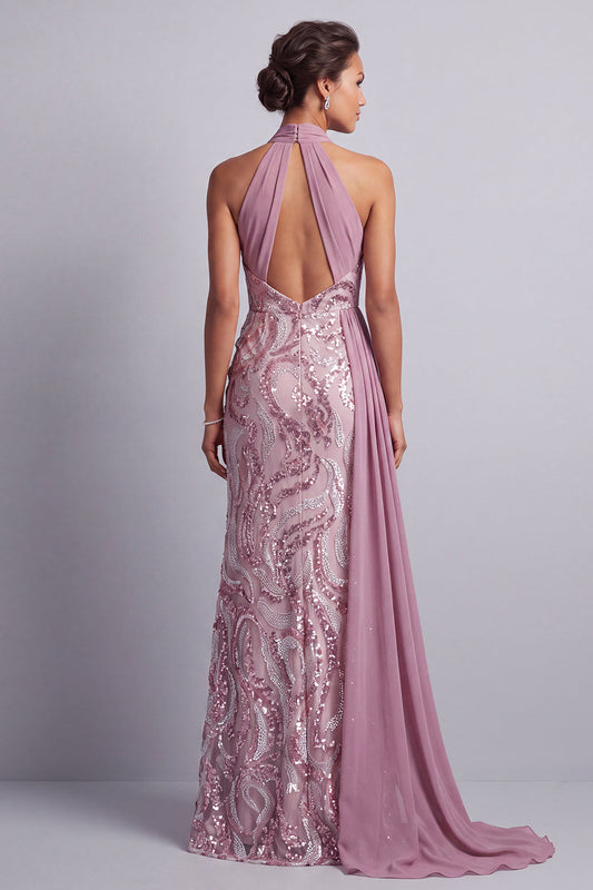 Robe de mère de la mariée Wisteria en mousseline avec sequins, col halter, ruché, sirène, traîne et drapé