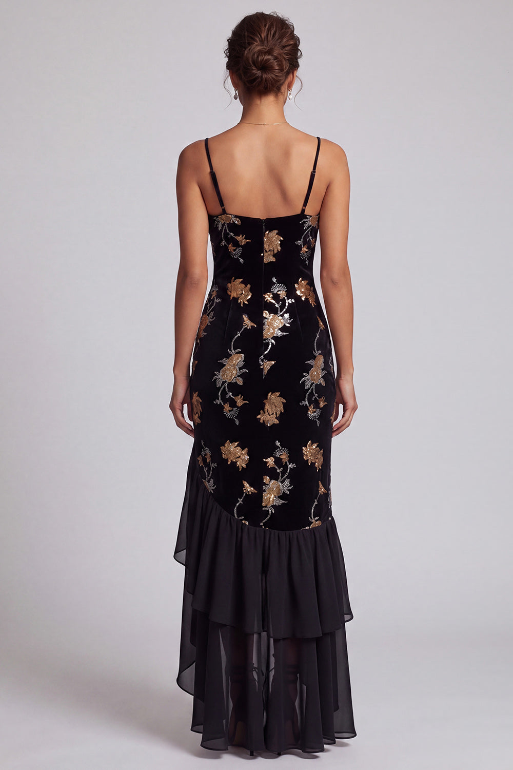Robe asymétrique en velours noir brodé de fleurs et sequins, avec fente et volants, pour mère de la mariée