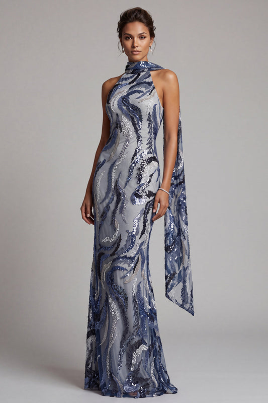 Robe longue sirène à col montant en sequins bleu marine pour mère de la mariée, avec perles