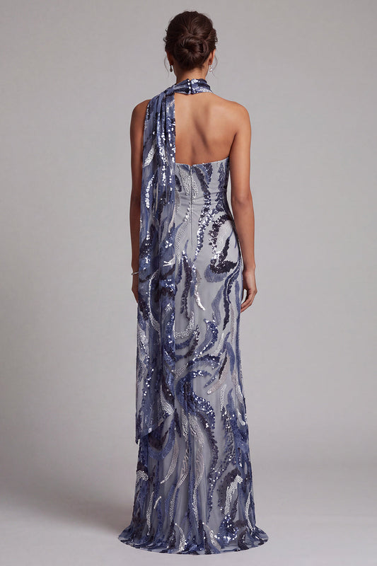 Robe longue sirène à col montant en sequins bleu marine pour mère de la mariée, avec perles
