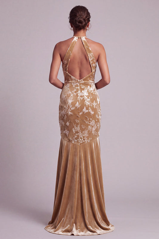 Robe longue de mère de la mariée sirène en velours couleur champagne à encolure dos nu et drapés