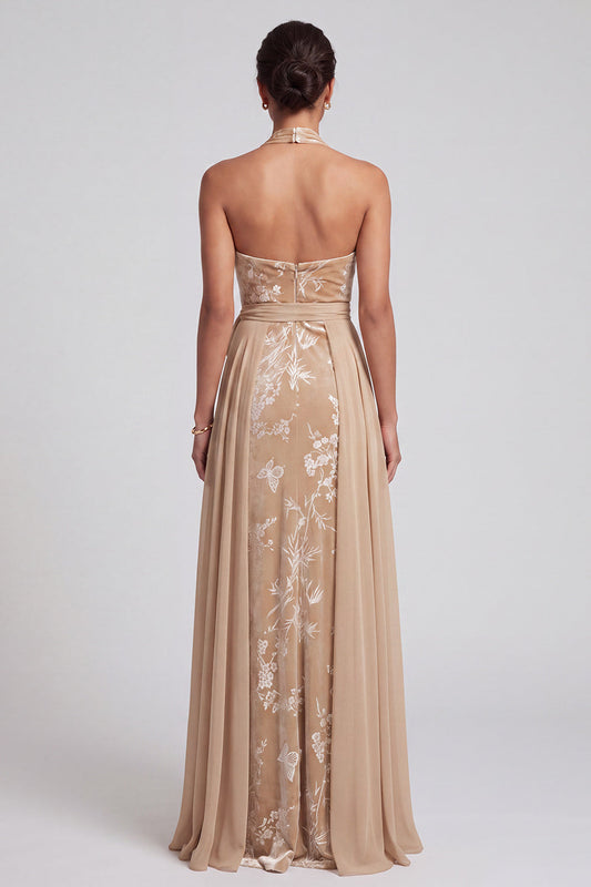 Robe longue de mère de la mariée en velours de Champagne, dos nu, jacquard froncé, avec ceinture