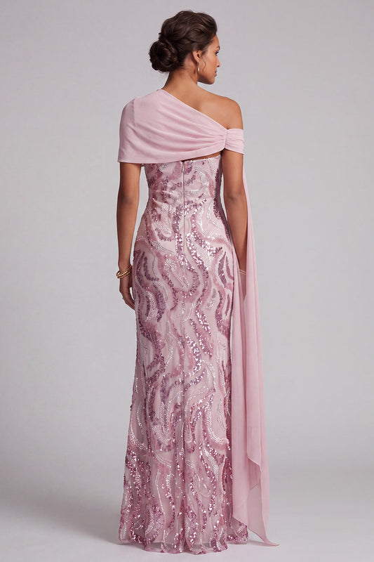 Robe Longue de Mère de la Mariée Sirène Pailletée Rose Scintillante à Une Épaule avec Perles