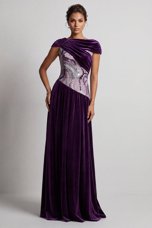 Robe longue de mère de la mariée ligne A en velours prune, encolure bateau, froncée, à sequins et perles