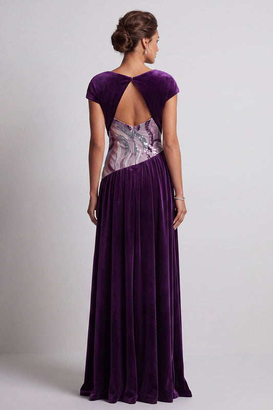 Robe longue de mère de la mariée ligne A en velours prune, encolure bateau, froncée, à sequins et perles