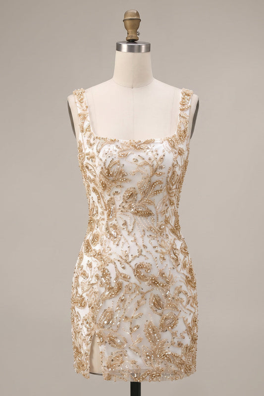 Champagne Sheath Square Neck Appliqued Short Homecoming Dress