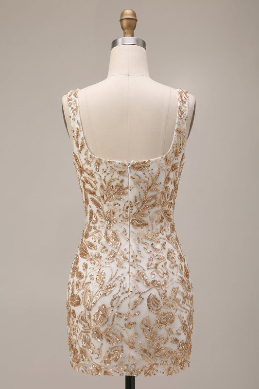 Champagne Sheath Square Neck Appliqued Short Homecoming Dress