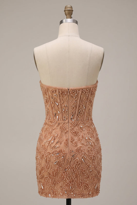 Robe de bal courte moulante bustier en champagne à perles avec corset
