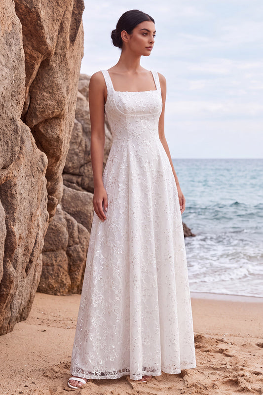 Robe de mariée longue trapèze à encolure carrée avec appliqués et sequins blancs