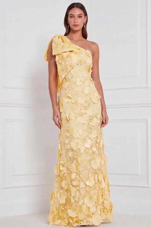 Robe Longue de Demoiselle d'Honneur Narcisse à Une Épaule Appliquée Fleurie avec Nœud