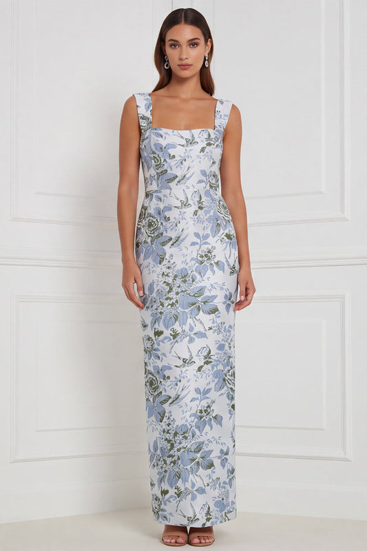 Sage Floral Sheath Square Neck Long Bridesmaid Dress