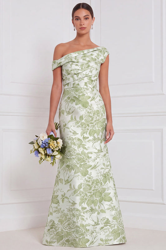 Sage Floral Mermaid One Shoulder Asymmetrical Ruched Long Bridesmaid Dress