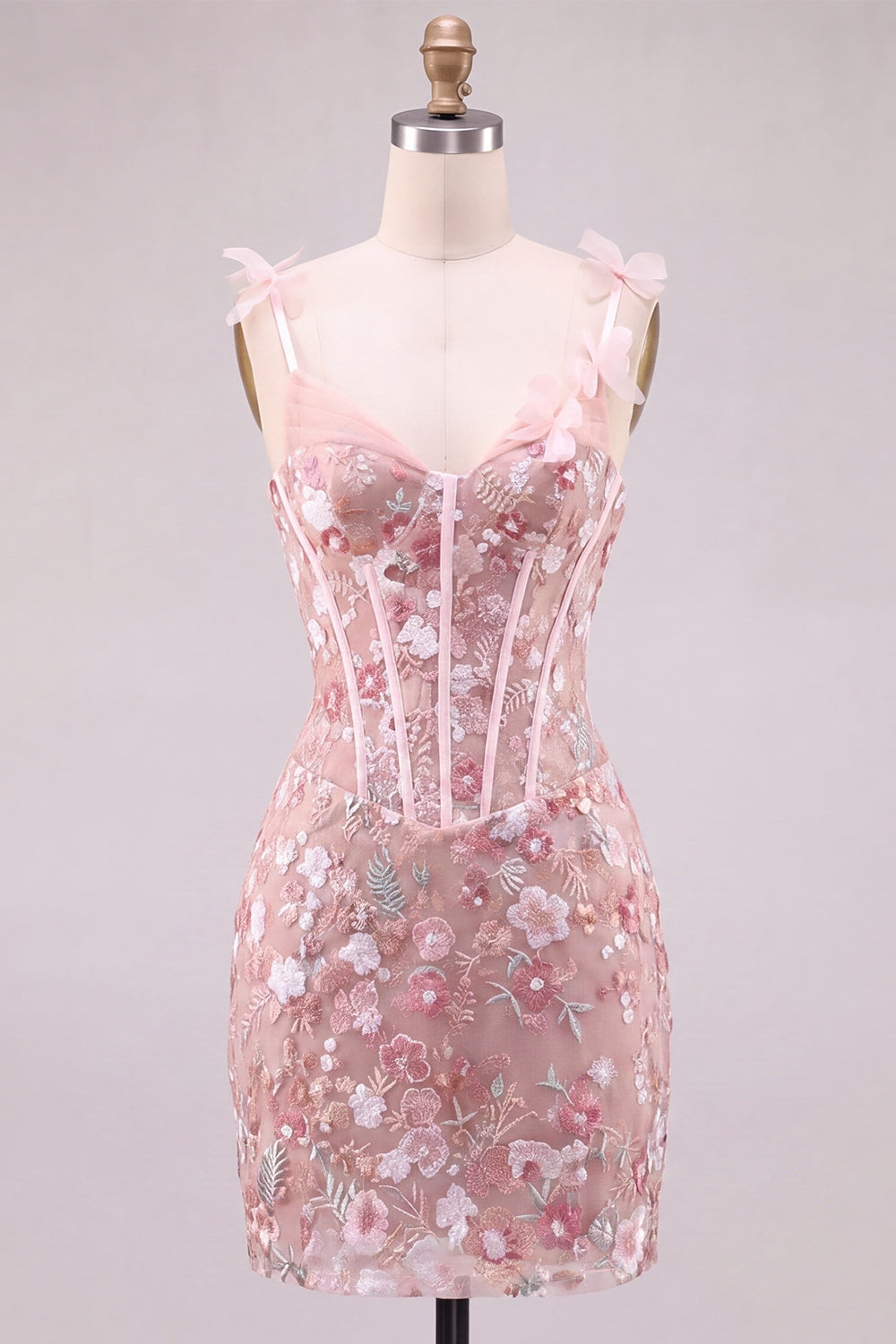 Robe de soirée courte cintrée rose à fleurs, bustier cœur, dos lacé