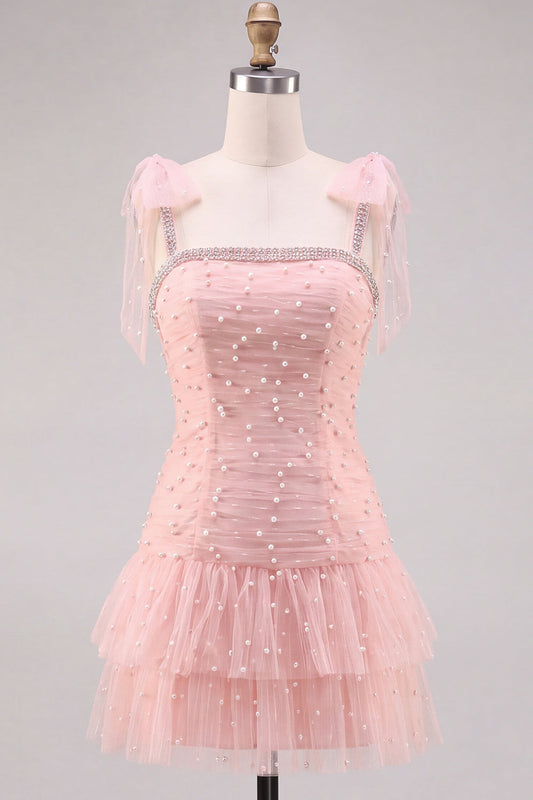 Robe courte de bal ornée de perles en tulle rose à volants et coupe trapèze