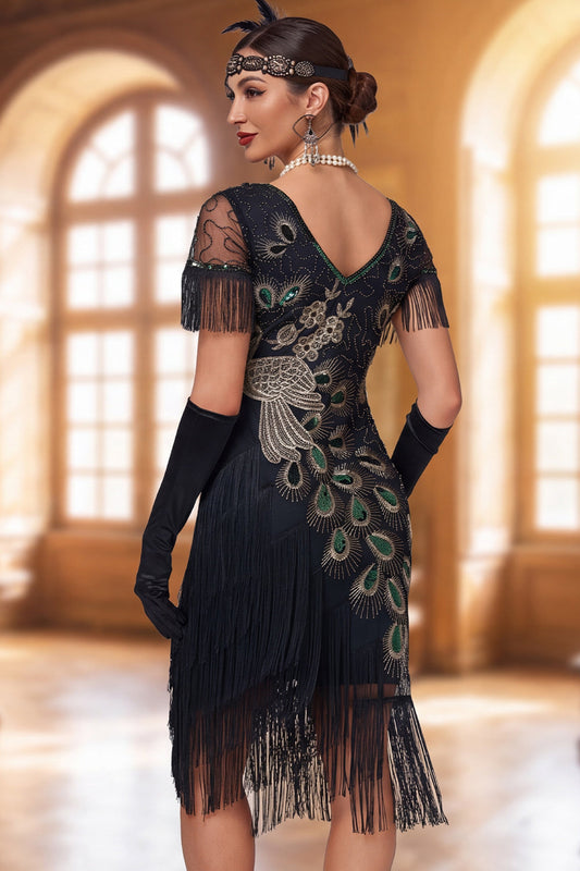 Robe courte fourreau vintage noire à franges, style Charleston, années 20, avec perles
