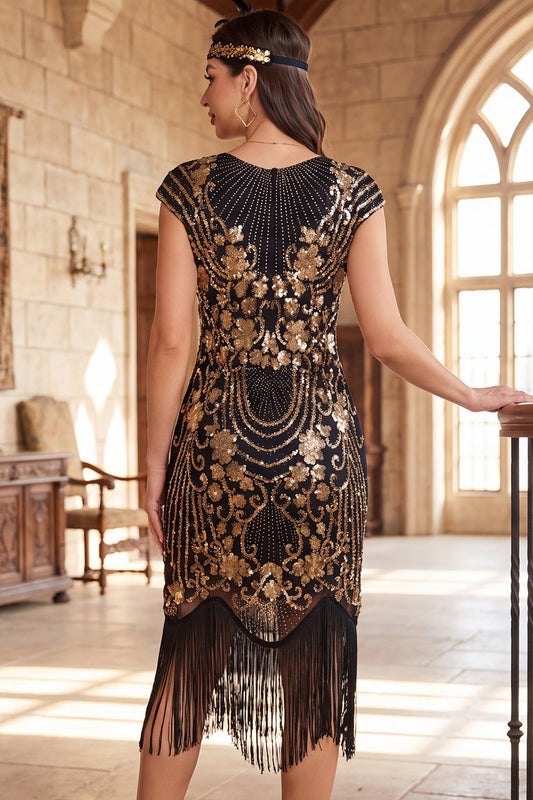 Robe Charleston Vintage Noire et Dorée à Manches Courtes Perlée et Pailletée