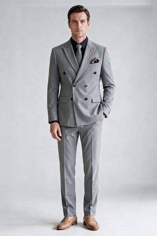 Costume de bal gris deux pièces à double boutonnage et revers en pointe pour homme
