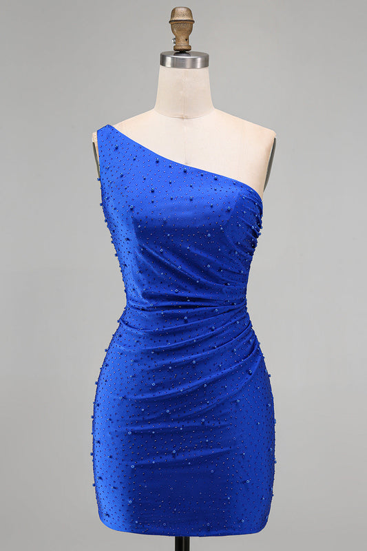 Robe de cocktail courte moulante bleue roi asymétrique avec perles et fronces