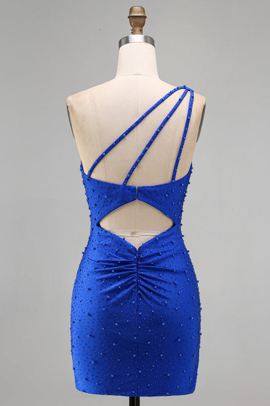 Robe de cocktail courte moulante bleue roi asymétrique avec perles et fronces
