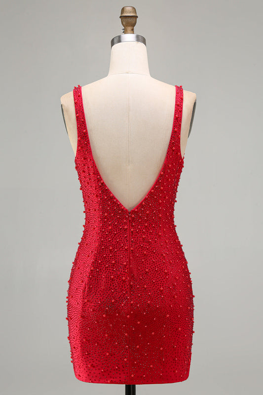 Robe de bal courte moulante en V rouge vif avec perles