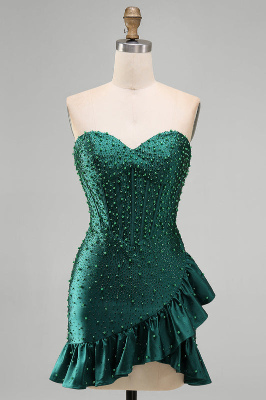 Robe de bal de fin d'année vert foncé moulante corset perles brodées ourlet à volants asymétrique