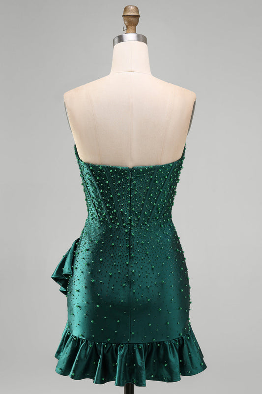 Robe de bal de fin d'année vert foncé moulante corset perles brodées ourlet à volants asymétrique