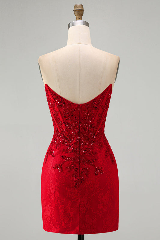 Robe courte de cocktail rouge bodycon bustier à perles, paillettes et corset, avec dentelle